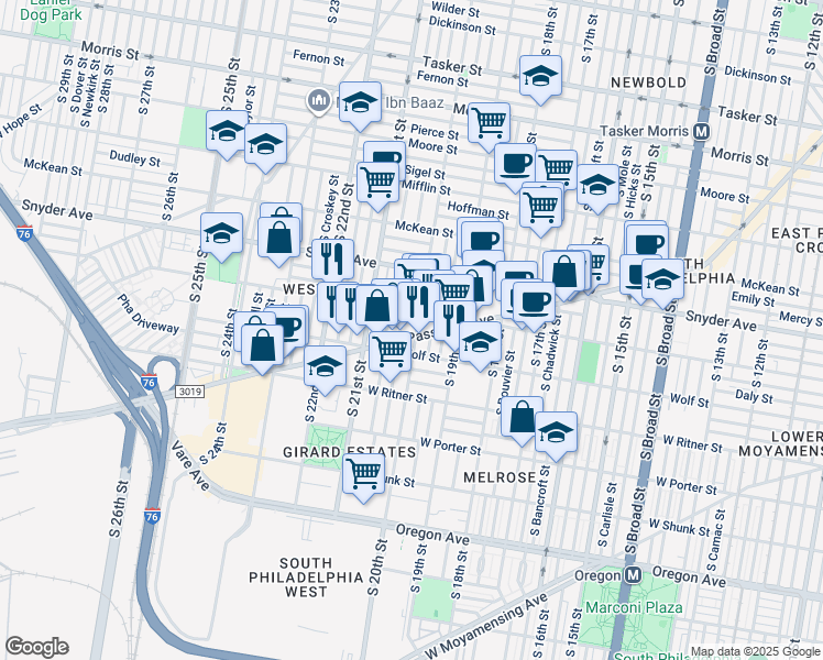 map of restaurants, bars, coffee shops, grocery stores, and more near 2220 South 20th Street in Philadelphia