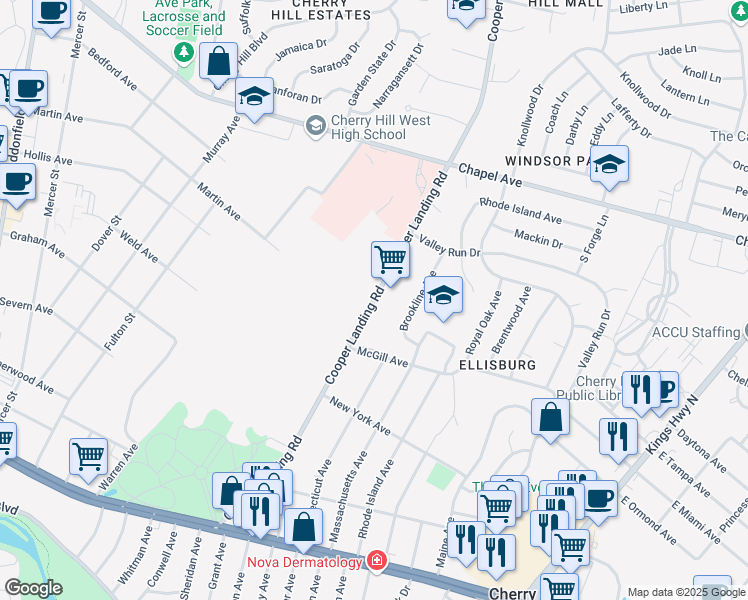 map of restaurants, bars, coffee shops, grocery stores, and more near 396 Cooper Landing Road in Cherry Hill