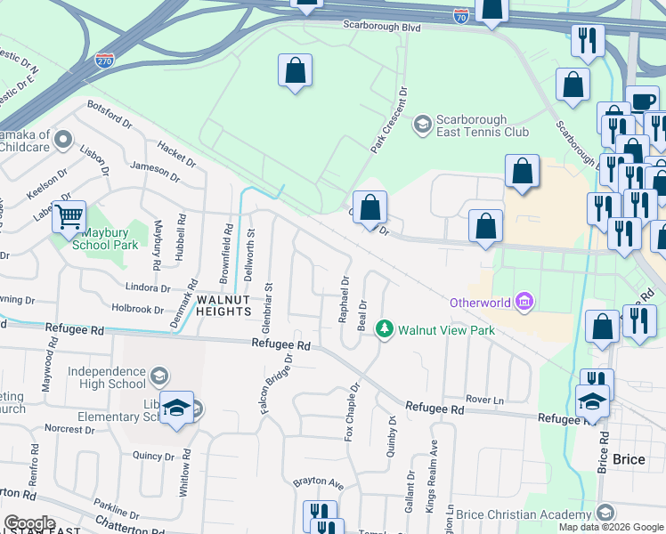 map of restaurants, bars, coffee shops, grocery stores, and more near 2701 Raphael Drive in Columbus