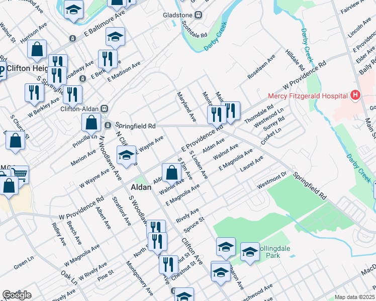 map of restaurants, bars, coffee shops, grocery stores, and more near 211 East Providence Road in Aldan