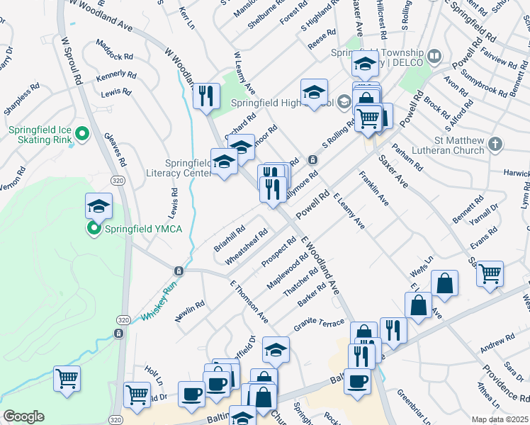 map of restaurants, bars, coffee shops, grocery stores, and more near 15 White Oak Road in Springfield