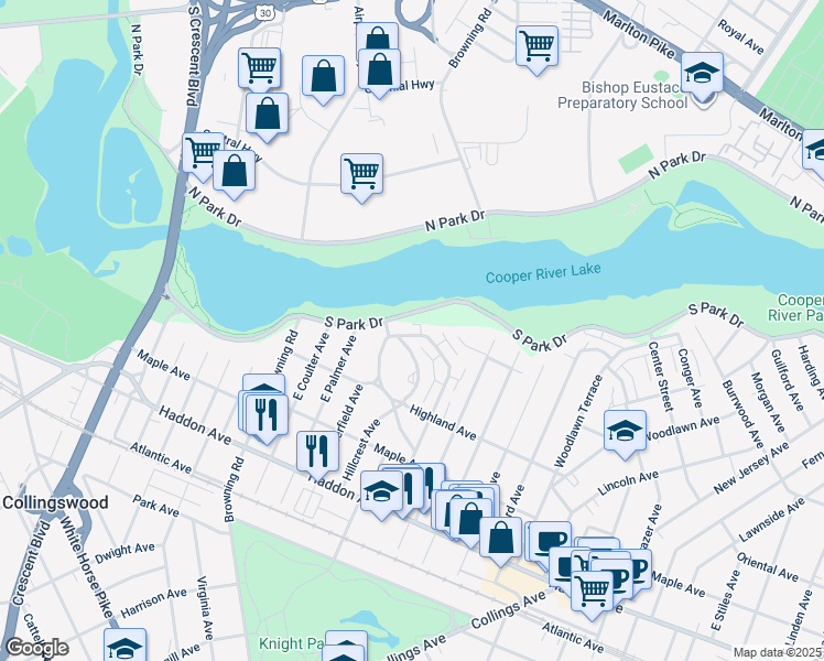 map of restaurants, bars, coffee shops, grocery stores, and more near 274 Garfield Avenue in Collingswood