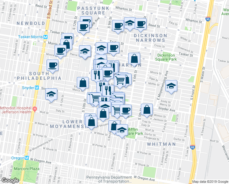 map of restaurants, bars, coffee shops, grocery stores, and more near 731 Emily Street in Philadelphia