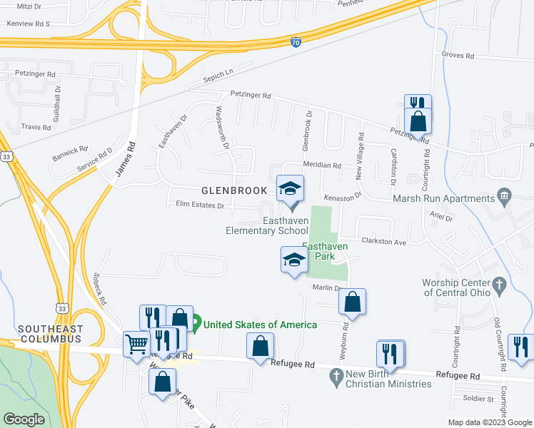 map of restaurants, bars, coffee shops, grocery stores, and more near 3180 Elim Manor Court in Columbus