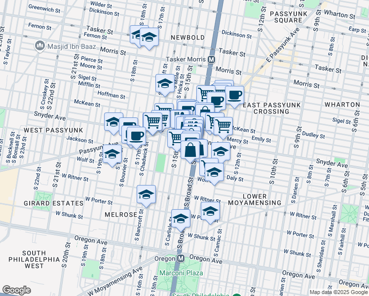 map of restaurants, bars, coffee shops, grocery stores, and more near 2125 South Carlisle Street in Philadelphia