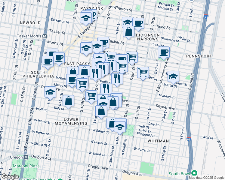 map of restaurants, bars, coffee shops, grocery stores, and more near 731 Emily Street in Philadelphia