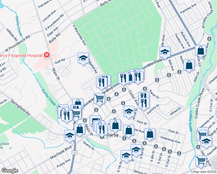 map of restaurants, bars, coffee shops, grocery stores, and more near 321 North Macdade Boulevard in Darby