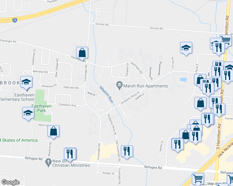 map of restaurants, bars, coffee shops, grocery stores, and more near 2468 Hudson Bay Way in Columbus
