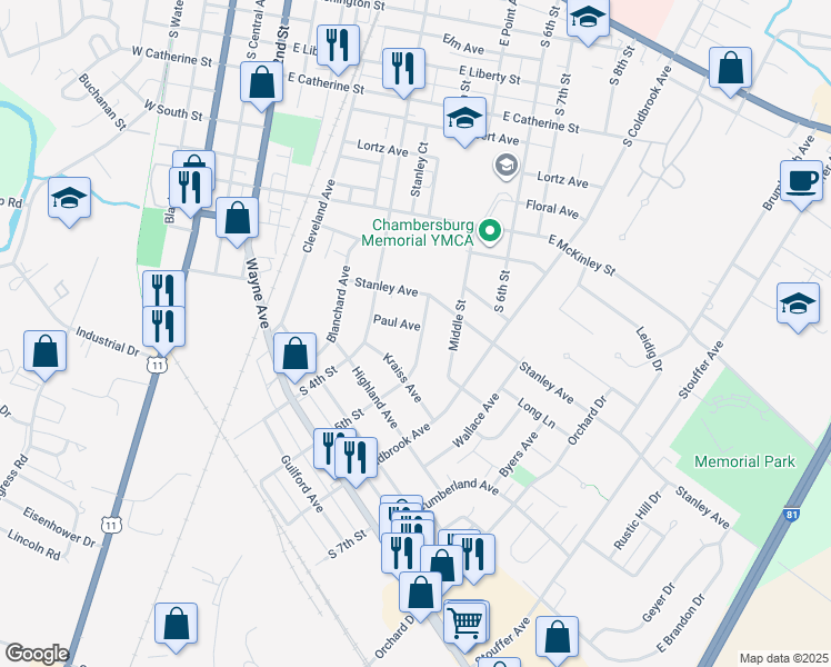 map of restaurants, bars, coffee shops, grocery stores, and more near 476 Paul Avenue in Chambersburg