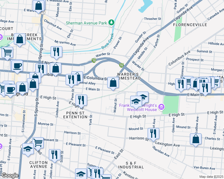 map of restaurants, bars, coffee shops, grocery stores, and more near 832 East Main Street in Springfield