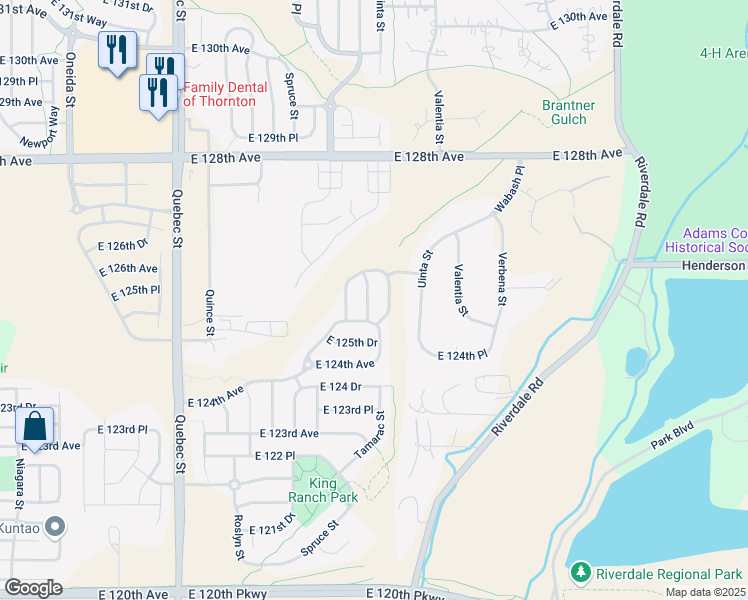 map of restaurants, bars, coffee shops, grocery stores, and more near 12565 Trenton Street in Thornton