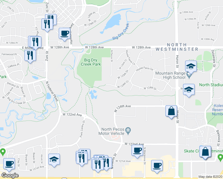 map of restaurants, bars, coffee shops, grocery stores, and more near 1164 West 124th Court in Westminster