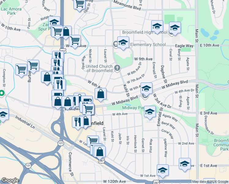 map of restaurants, bars, coffee shops, grocery stores, and more near 1265 West 6th Avenue in Broomfield