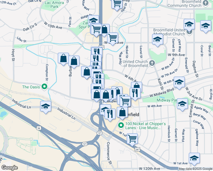 map of restaurants, bars, coffee shops, grocery stores, and more near 68 Garden Center in Broomfield
