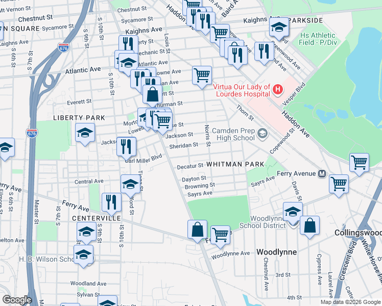 map of restaurants, bars, coffee shops, grocery stores, and more near 1229 Carl Miller Boulevard in Camden
