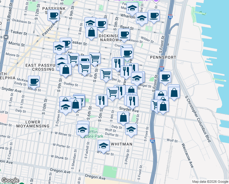 map of restaurants, bars, coffee shops, grocery stores, and more near 308 Mifflin Street in Philadelphia