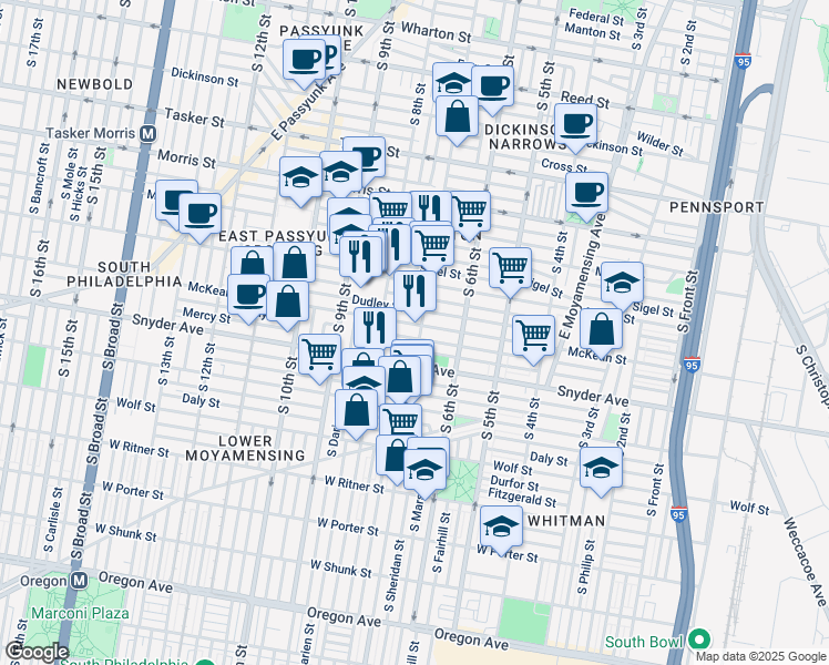 map of restaurants, bars, coffee shops, grocery stores, and more near in Philadelphia