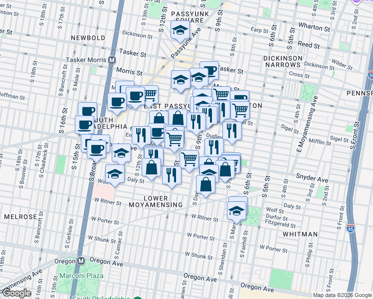 map of restaurants, bars, coffee shops, grocery stores, and more near in Philadelphia