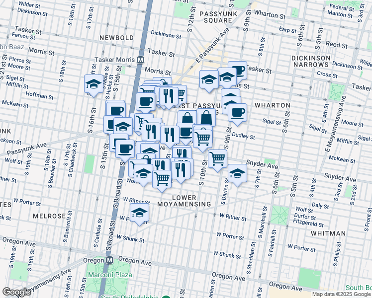 map of restaurants, bars, coffee shops, grocery stores, and more near 1119 Snyder Avenue in Philadelphia