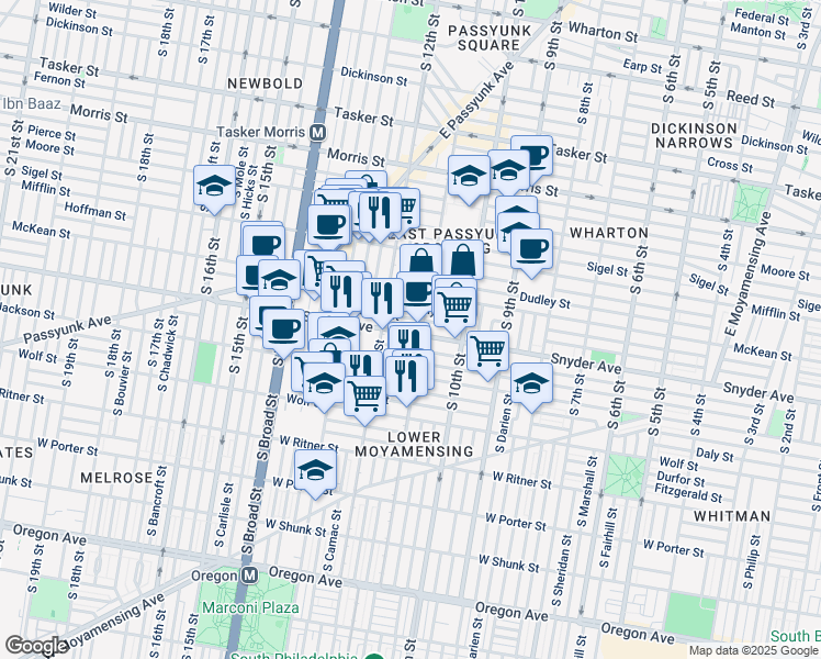 map of restaurants, bars, coffee shops, grocery stores, and more near 1119 Snyder Avenue in Philadelphia