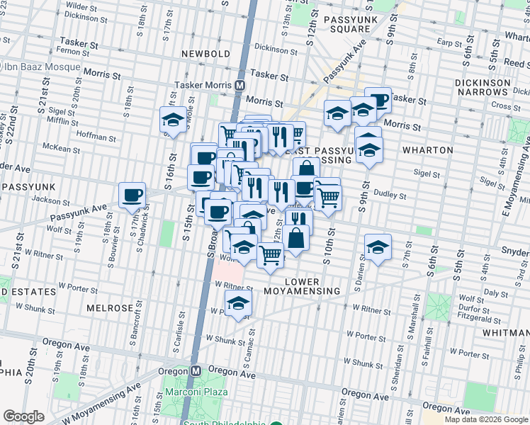 map of restaurants, bars, coffee shops, grocery stores, and more near 1215 Snyder Avenue in Philadelphia