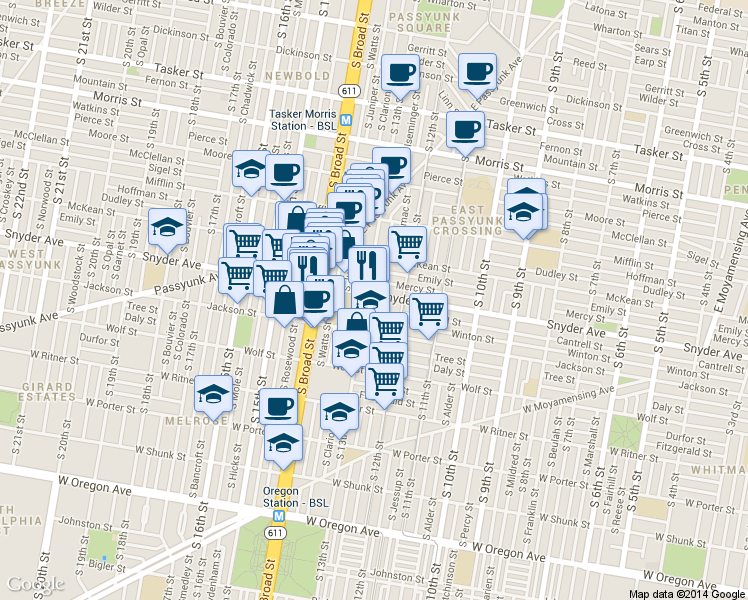 map of restaurants, bars, coffee shops, grocery stores, and more near 1311 East Snyder Avenue in Philadelphia