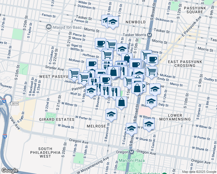 map of restaurants, bars, coffee shops, grocery stores, and more near 2137 South Chadwick Street in Philadelphia