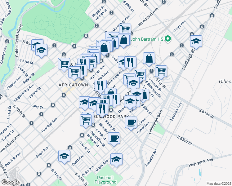 map of restaurants, bars, coffee shops, grocery stores, and more near 6344 Wheeler Street in Philadelphia