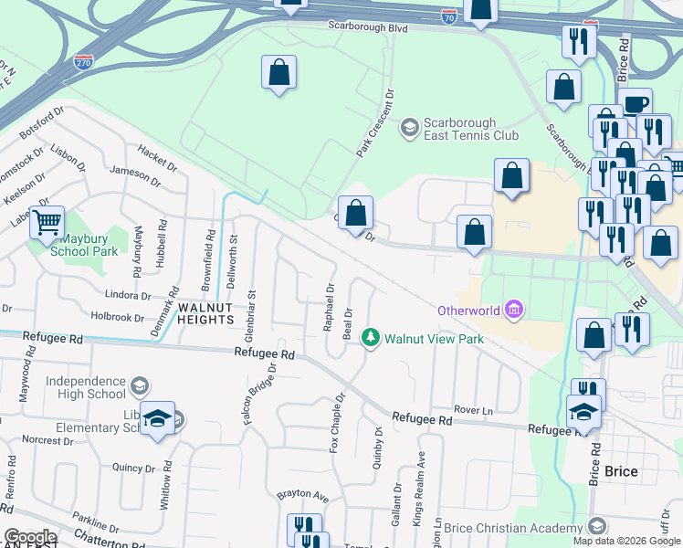 map of restaurants, bars, coffee shops, grocery stores, and more near 5474 Cary Lane in Columbus