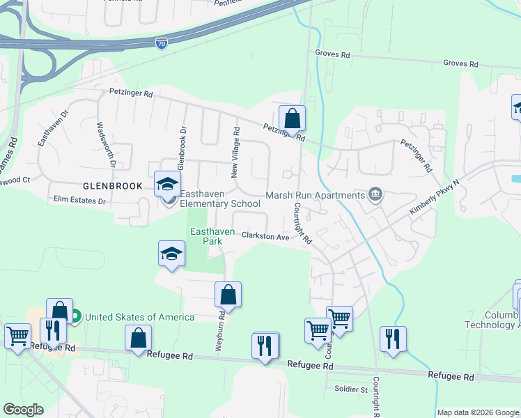 map of restaurants, bars, coffee shops, grocery stores, and more near 3432 Bruceton Avenue in Columbus
