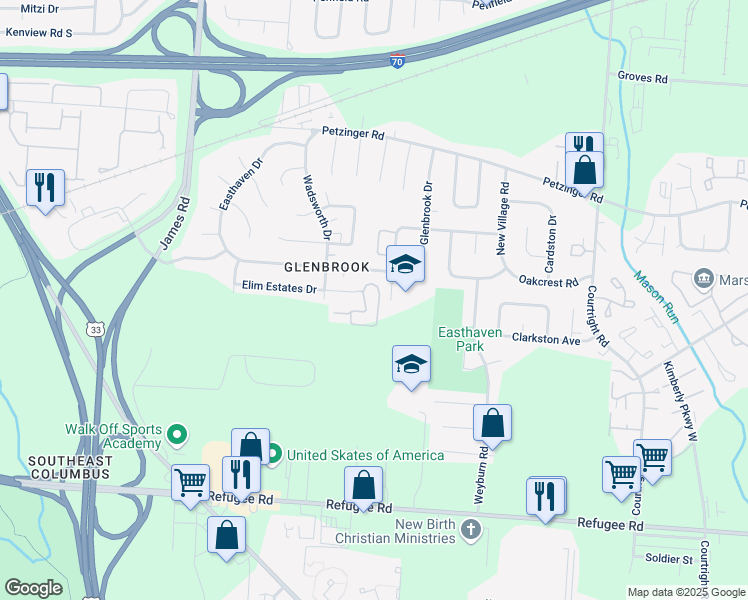 map of restaurants, bars, coffee shops, grocery stores, and more near 3180 Elim Manor Court in Columbus