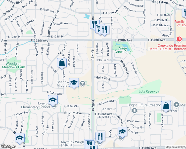 map of restaurants, bars, coffee shops, grocery stores, and more near 12551 Holly Street in Thornton