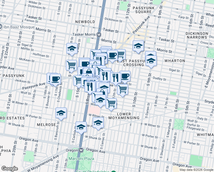map of restaurants, bars, coffee shops, grocery stores, and more near 1311 East Snyder Avenue in Philadelphia