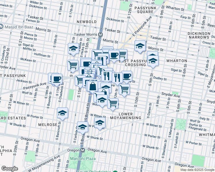 map of restaurants, bars, coffee shops, grocery stores, and more near 1242 Snyder Avenue in Philadelphia