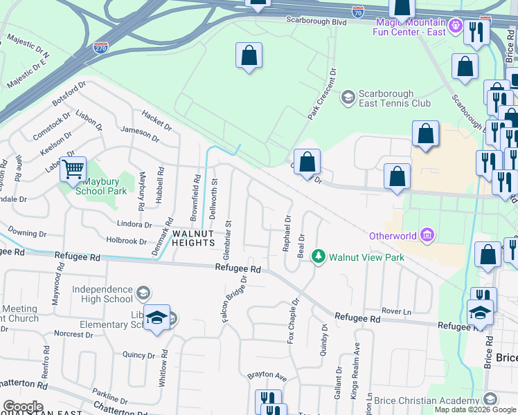 map of restaurants, bars, coffee shops, grocery stores, and more near 2701 Mellowbrook Street in Columbus