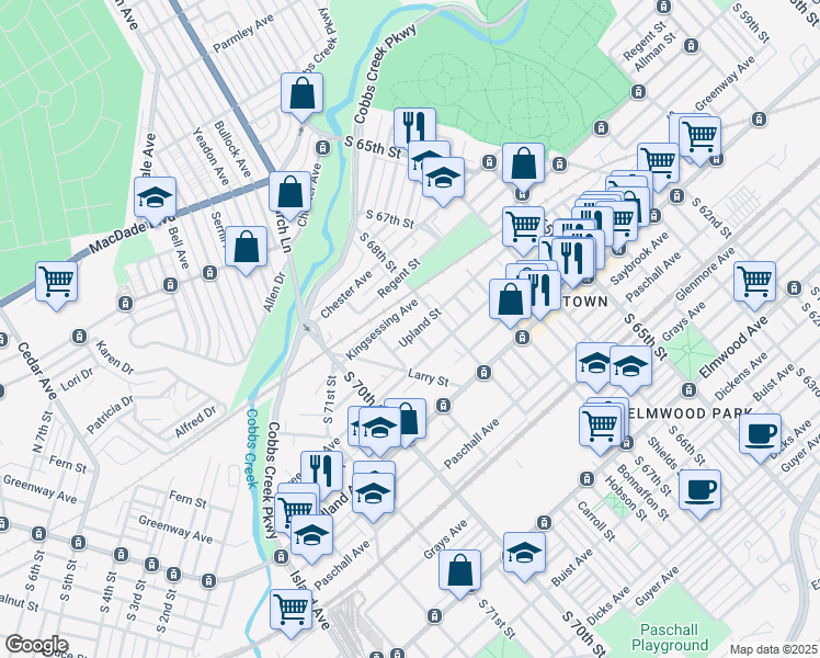 map of restaurants, bars, coffee shops, grocery stores, and more near 6839 Upland Street in Philadelphia