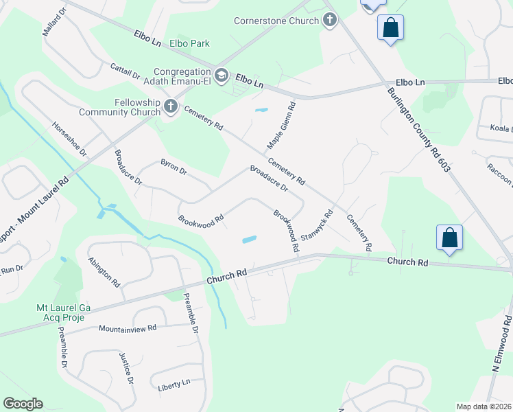 map of restaurants, bars, coffee shops, grocery stores, and more near 19 Brookwood Road in Mount Laurel Township