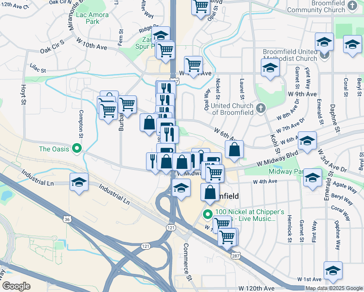 map of restaurants, bars, coffee shops, grocery stores, and more near 68 Garden Center in Broomfield