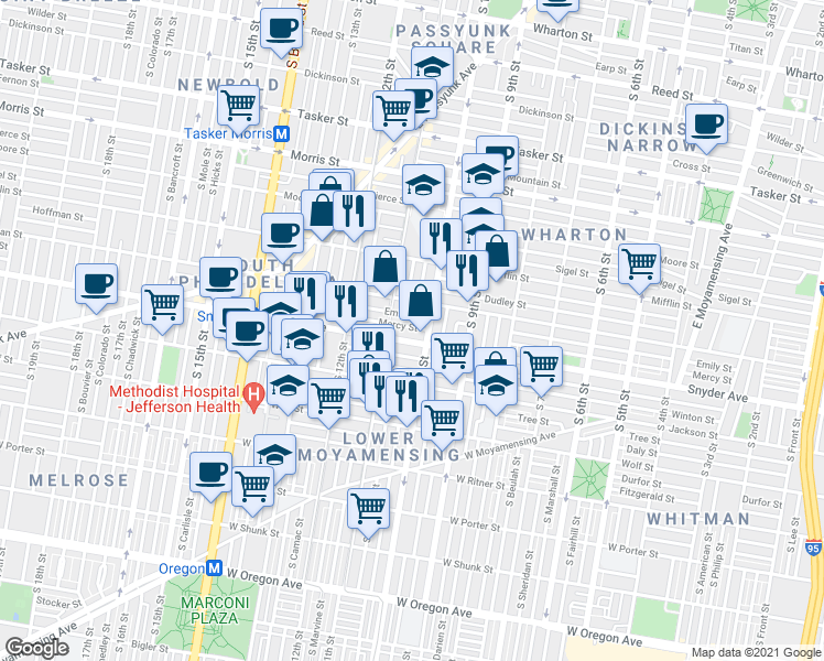 map of restaurants, bars, coffee shops, grocery stores, and more near 1018 Mercy St in Philadelphia
