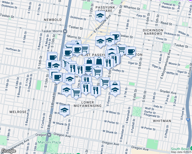map of restaurants, bars, coffee shops, grocery stores, and more near 1014 Mercy Street in Philadelphia