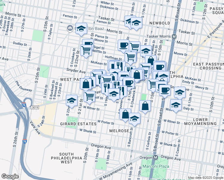 map of restaurants, bars, coffee shops, grocery stores, and more near 1834 West Passyunk Avenue in Philadelphia
