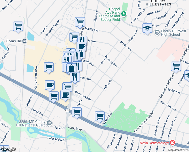 map of restaurants, bars, coffee shops, grocery stores, and more near 908 Dover Street in Cherry Hill