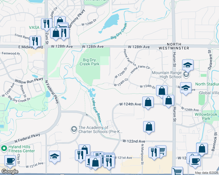 map of restaurants, bars, coffee shops, grocery stores, and more near 1164 West 124th Court in Westminster