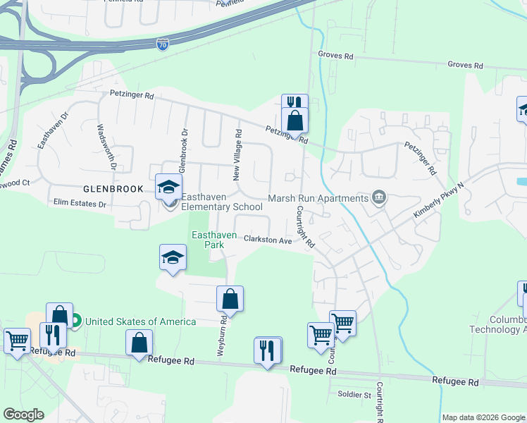 map of restaurants, bars, coffee shops, grocery stores, and more near 3432 Bruceton Avenue in Columbus