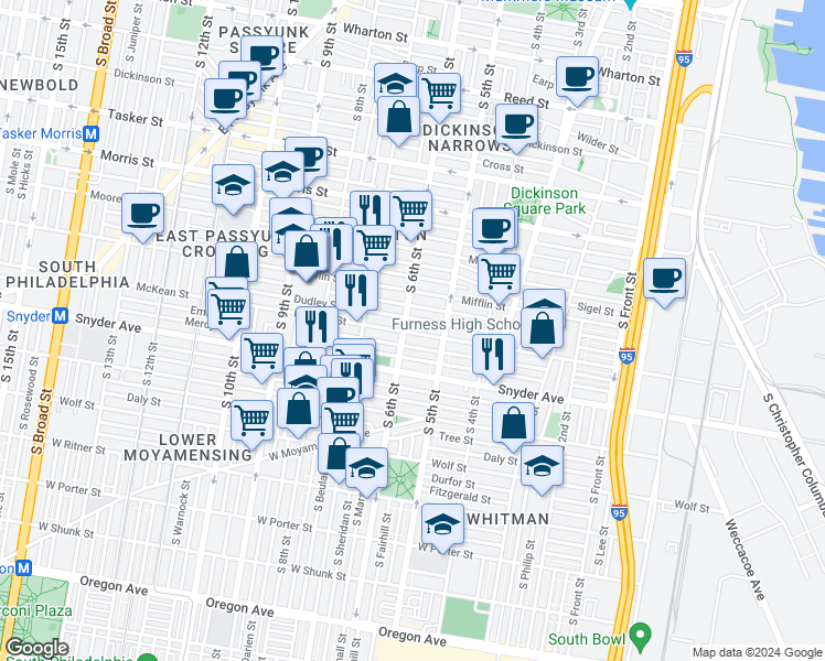 map of restaurants, bars, coffee shops, grocery stores, and more near 539 McKean Street in Philadelphia