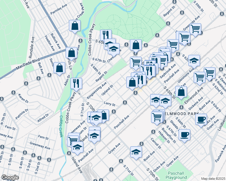 map of restaurants, bars, coffee shops, grocery stores, and more near 2038 South 68th Street in Philadelphia