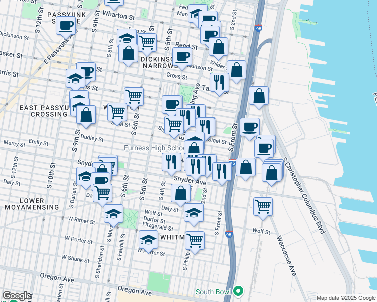 map of restaurants, bars, coffee shops, grocery stores, and more near 1923 South Galloway Street in Philadelphia