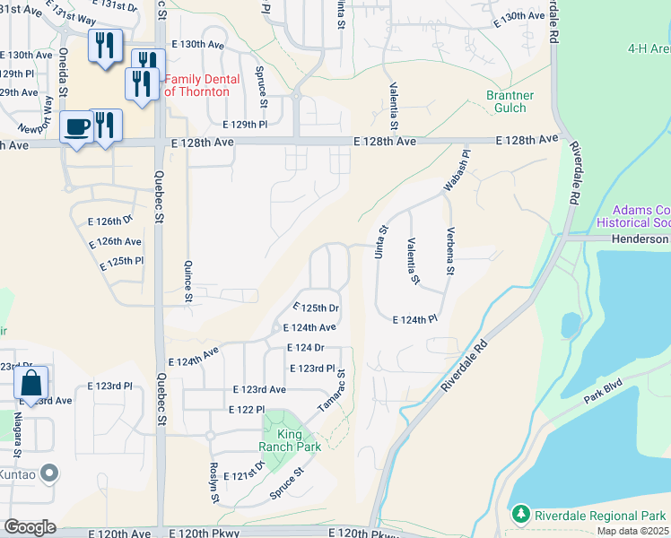 map of restaurants, bars, coffee shops, grocery stores, and more near 12565 Trenton Street in Thornton
