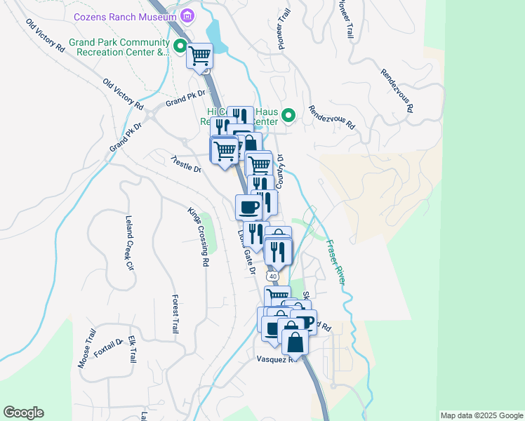 map of restaurants, bars, coffee shops, grocery stores, and more near 78491 U.S. Highway 40 in Winter Park