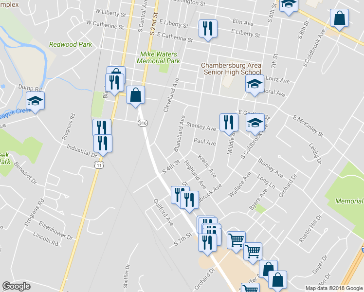 map of restaurants, bars, coffee shops, grocery stores, and more near 924 Blanchard Avenue in Chambersburg